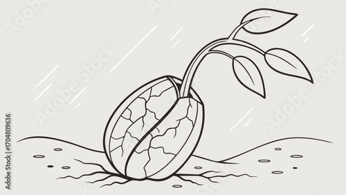 Coffee Bean Sprout with Leaves Emerging from the Earth Black Outline