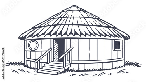 Detailed Black and White Illustration of a Traditional Round Hut