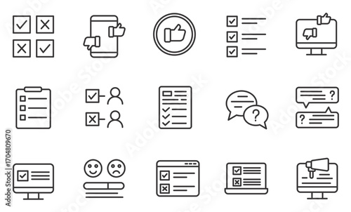 Survey, Review and Feedback related line icon set. Quiz and Questionary vector icons.