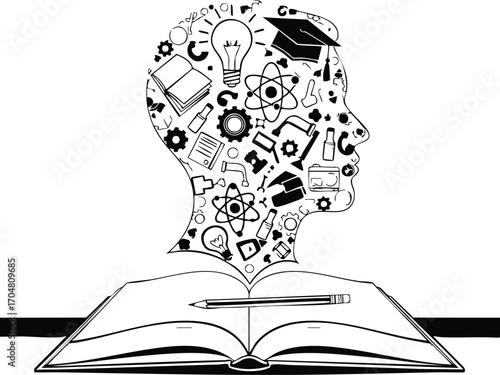 A creative illustration of knowledge and learning, an open book with a head filled with symbols of education and science, creating a thoughtprovoking image