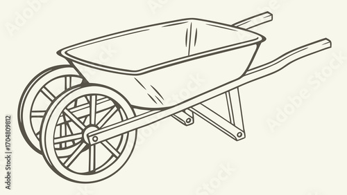HandDrawn TwoWheeled Wheelbarrow with Rectangular Tub and Wooden Frame