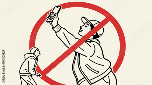 Illustrated Prohibition of Selfie Culture Depicted with Two Figures and Phone