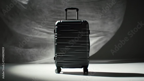 Sleek Black Hardshell Suitcase Glides Effortlessly in a Minimalist Studio with Dynamic Fabric