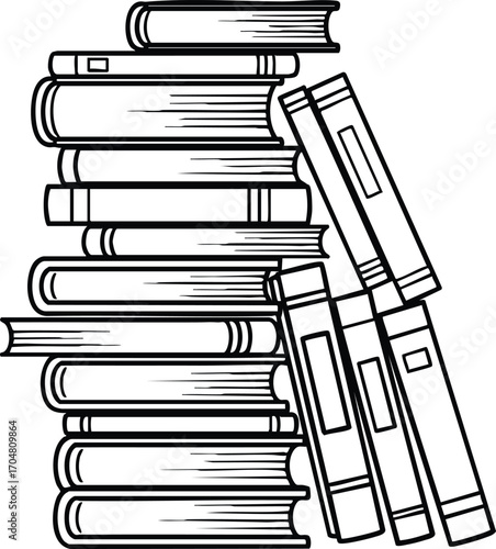 A tall stack of books in a handdrawn style, the books are piled high, some leaning against the stack, creating a charming and scholarly composition