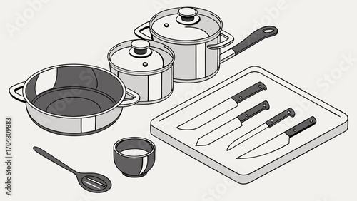 Isometric Kitchenware Still Life Pots Pans Knives and Utensils Illustration