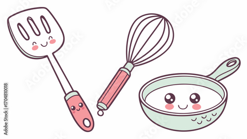 Kawaii Kitchen Utensils Spatula Whisk and Saucepan with Happy Faces