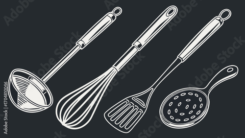 Kitchen Utensils Ladle Whisk Spatula and Skimmer in White Outline