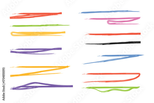Pastel underline color crayon set - horizontal hand drawn chalk, marker or pencil highlighter strokes with rough textured edges. Design elements for emphasizing text lines and decorative accents
