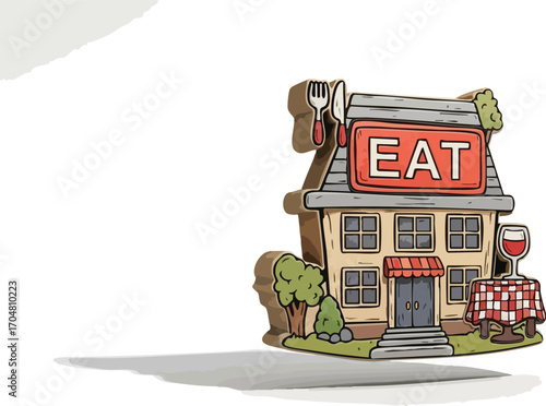 Cartoon Restaurant Building Illustration Eat Sign Wine Food and Table Setting