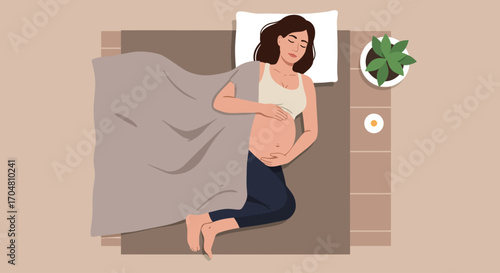 This flat design shows a pregnant woman deeply relaxed, perhaps during a guided meditation or prenatal relaxation session, emphasizing comfort and peace.