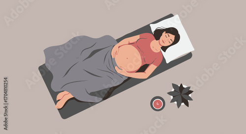 This flat design shows a pregnant woman deeply relaxed, perhaps during a guided meditation or prenatal relaxation session, emphasizing comfort and peace.