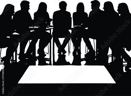 A silhouette of people sitting around a table in a meeting, it represents teamwork, collaboration, and communication in a professional setting