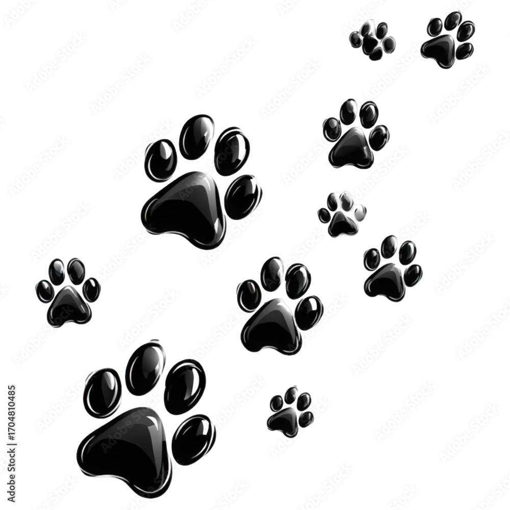 Fototapeta premium Collection of glossy black 3D animal paw prints.