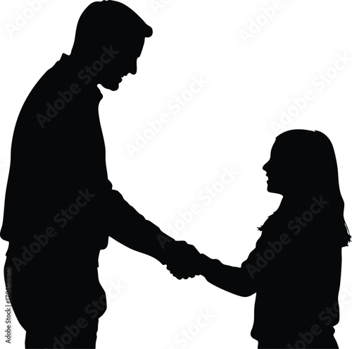 A father and daughter shaking hands the father is standing and the daughter is looking up at him they are both smiling and happy to see each other