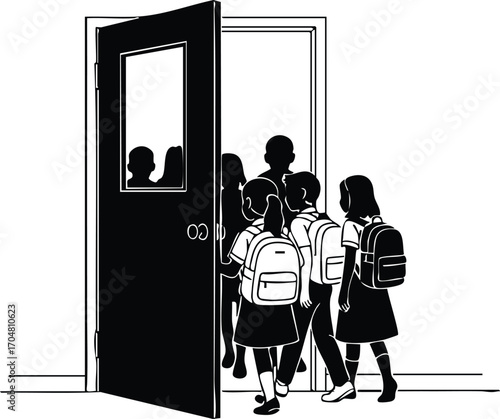 A group of students are entering a classroom through an open door, the teacher is waiting for them inside, ready to start the lesson and guide them