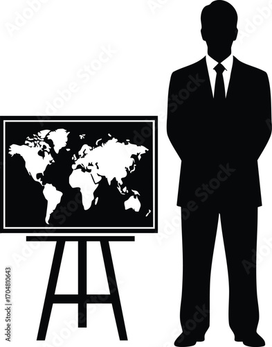 A silhouette of a businessman standing next to a world map on an easel, symbolizing global business, international relations, and worldwide strategy