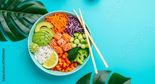 Colorful Salmon Poke Bowl with Vegetables.
