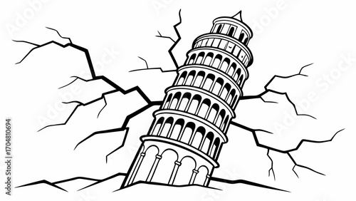 Leaning Tower of Pisa Amidst Cracking Earth Line Art Illustration