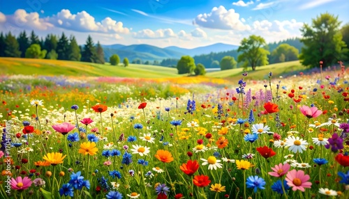 Fototapeta Naklejka Na Ścianę i Meble -  Colorful meadow with wildflowers under a bright sky