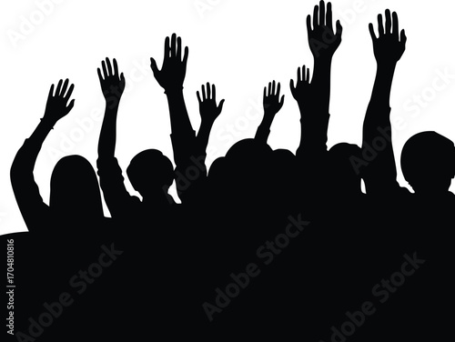 A silhouette of a crowd with their hands raised in the air, , symbolizing unity, support, or celebration, set against a clean backdrop for visual impact