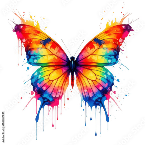 Vibrant watercolor butterfly art with splashes of rainbow colors and artistic drips isolated on transparent background