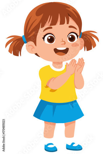 Cheerful Girl Clapping Hands, Wearing Yellow Shirt and Blue Skirt, Smiling.