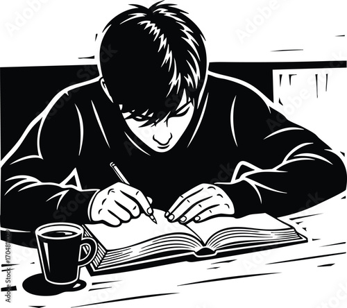 A young man deeply engrossed in writing in a book, with a cup of coffee nearby, captured in a detailed black and white illustration, showcasing a moment of quiet contemplation