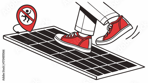 Red Shoes Stepping Over a Solar Panel with Warning Sign