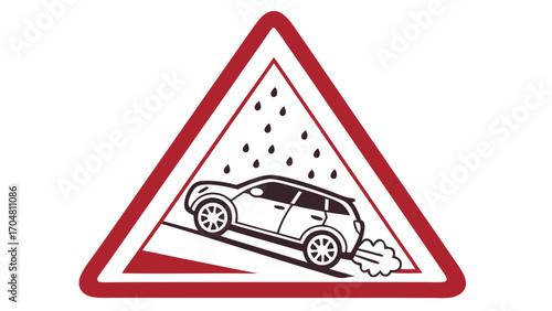 Red Triangle Warning Sign Slippery Hill Rain Car Skidding
