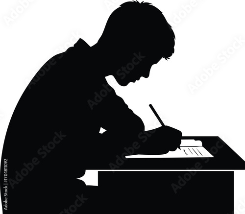 Silhouette of a student writing at a desk, the image is a vector illustration of a young man studying or taking a test in a classroom setting