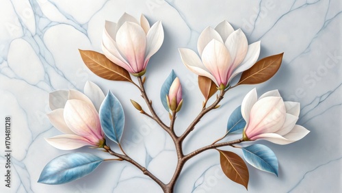 Delicate white magnolia blossoms with blue and brown leaves on a textured marble background