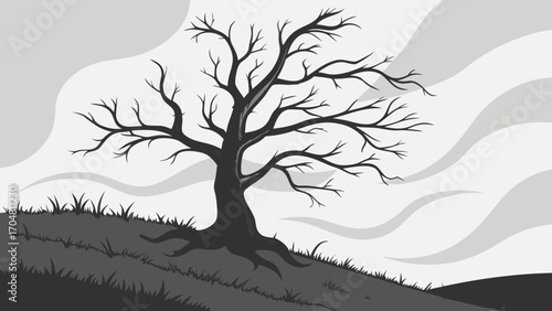 Silhouette of a Leafless Tree on a Hillside Under a Gray Sky