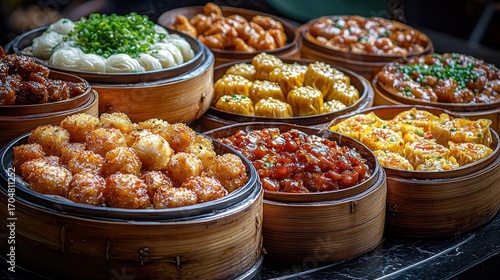 Diverse Asian Steamed Foods Display