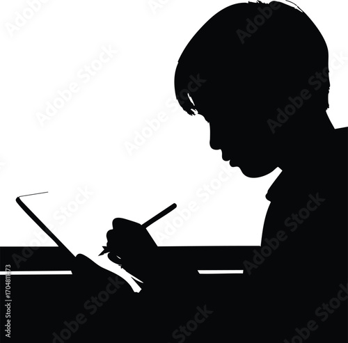 A silhouette of a young boy engrossed in drawing or writing on a tablet, illuminated by a bright screen against a stark, capturing a moment of focused creativity