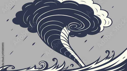 Stylized Tornado Touching Down on a Wavy Sea with Rain