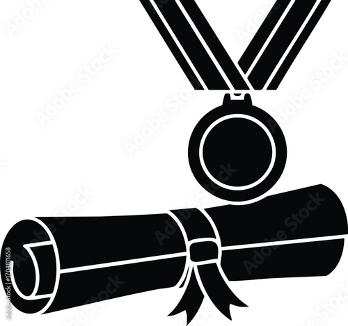 A graduation scroll tied with a ribbon and a medal hanging from a ribbon, symbolizing achievement and success, it represents hard work and dedication