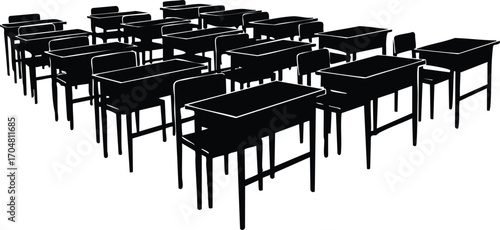 A classroom filled with empty desks, all arranged in neat rows, creating a sense of order and anticipation, the desks are simple and functional, ready for students