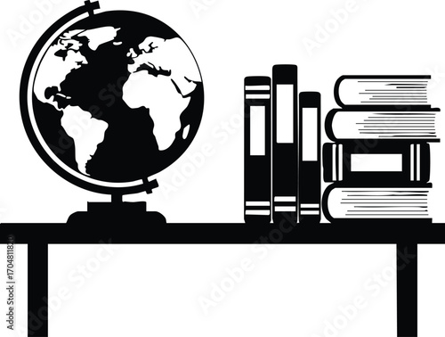 Globe and books on shelf this image represents knowledge, learning, and exploration, symbolizing education, geography, and the pursuit of wisdom