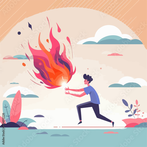 flat illustration of a person playing with fireball