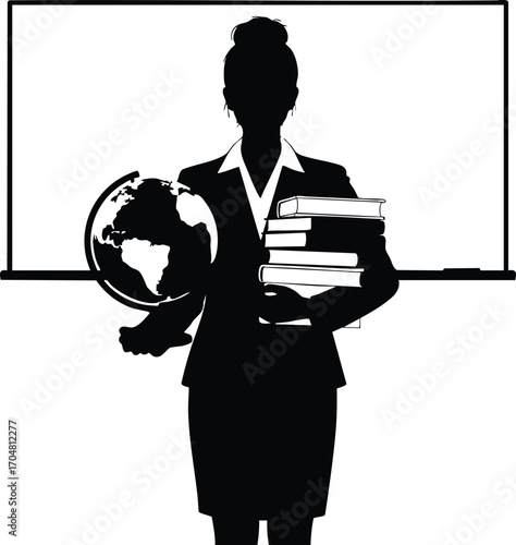 Silhouette of a teacher holding a globe and books the teacher is standing in front of a whiteboard, and the image conveys a sense of education and knowledge