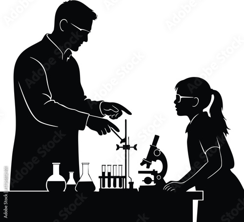 A scientist and student in silhouette, working with lab equipment, symbolizing science education, research, and discovery, the image highlights learning