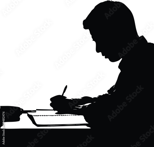 Silhouette of a student writing at a desk the student is focused on their work, and the image conveys a sense of concentration and determination the image is simple