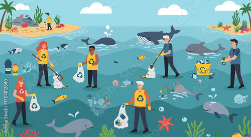 Ocean cleanup volunteers collecting trash pollution with whales and marine life illustration