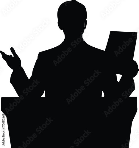 A silhouette of a speaker at a podium, delivering a speech with passion and conviction, perfect for presentations and public speaking