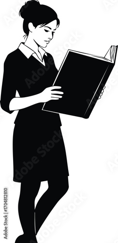 A young woman is standing and reading a book, her gaze fixed on the pages, her posture suggesting deep concentration, the scene evokes a sense of quiet contemplation