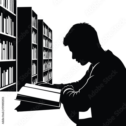 A student is studying in a library, reading books, researching information, and expanding knowledge in a quiet and focused environment