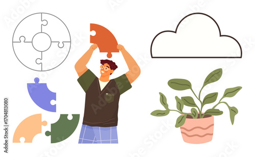 Person holds puzzle piece overhead while assembling others. Nearby, potted plant and cloud outline. Ideal for teamwork, creativity, problem-solving, growth, innovation ideas collaboration. Simple