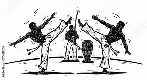 Vector art of a black and white woodcut style illustration of two men performing capoeira kicks with a third man and a drum in the background