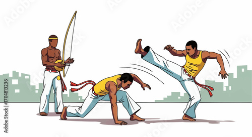 Vector art of three men practicing capoeira, a brazilian martial art that combines elements of dance, acrobatics, and music, with one man playing a berimbau