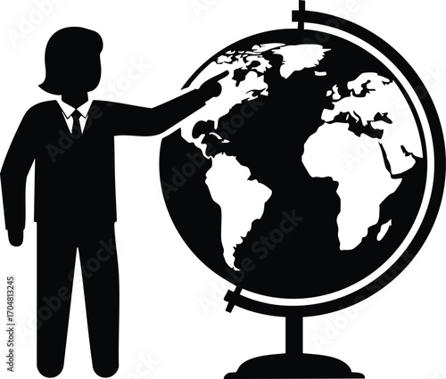 Silhouette of a teacher pointing at a globe, representing geography, education, global awareness, and the exploration of different cultures and countries